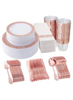 Buy 175Pcs Disposable Plates Rose Gold Dinnerware Set Party Plates Lace Design Plates Decor Table Lunch Set in UAE