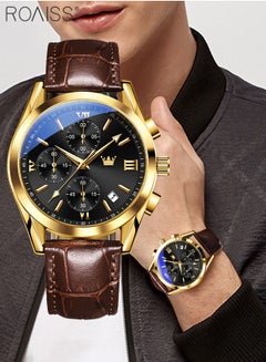 Buy Men's Leather Strap Chronograph Quartz Watch Round Black Dial with Gold Bezel Waterproof Luminous Wristwatch as Gift for Men in UAE