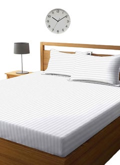 Buy White Single Size Stripe Deep Pocket Bed Sheet Set Cotton 120x200+15cm in UAE