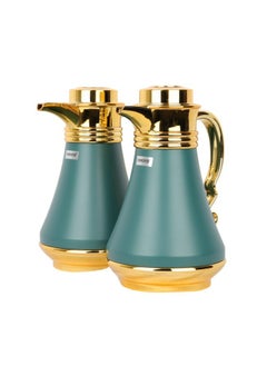 Buy Gilded tea and coffee thermos set, 1 liter, green color in Saudi Arabia