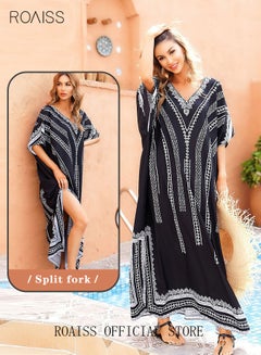 Buy Women Long Swimsuit Cover up Beach Blouse Beachwear Bohemian Robe Ladies Dress Casual Bathing Suit Large Size Swim Sunscreen for Summer Black/White in Saudi Arabia