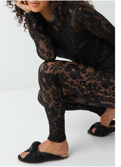 Buy Women's Polyamide Stretch Lace Leggings Pull On Closure Black in UAE