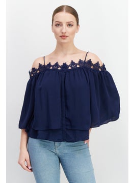 Buy Women Square Neck Bell Sleeve Embroidered Blouse, Navy BLue in UAE