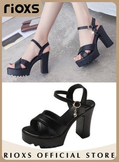 Buy Women's Fashion High Heel Sandals Casual Ankle Strap Chunky Heel Shoes Lightweight Round Toe Shoes in UAE