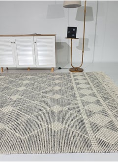 Buy Handmade woven rug nz wool and cotton area rug for bedroom living room carpet Woven rug with fringes natural and white color rug srn-017 in UAE