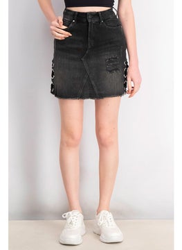 Buy Women Belt Loops Five Pocket Denim Mini Skirt, Black in Saudi Arabia