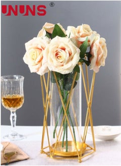 اشتري Gold Flower Vase Metal Stand Glass Geometric Decor Vase,Crystal Transparent Inner Vase,Modern Large Vase Suitable Floral Home Wedding Office Centerpiece,9.7 inch Height في السعودية