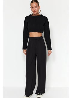 Buy Black High Waist Pleated Wide Leg Knitted Pants with Velcro Belt TWOAW24PL00177 in Egypt