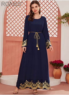 اشتري Women'S Round Neck Embroidered Dress Gorgeous Gold Embroidery On Cuffs And Hem Classic Round Neck Design With A Slim Waistband With Tassels At The Waist في الامارات