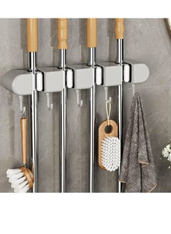 اشتري Mop Broom Holder Wall Mount Wood Broom Mop Hanger - Wall Mounted Garden Tool Rack Organizer for Closet Garage Laundry Room Kitchen Decor With 4 Slots & 5 Hooks في الامارات