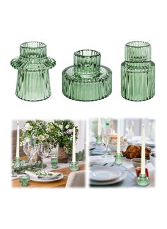 Buy Taper Votive Candle Holder for Pillar Candles Tealight Candlestick Wedding Tea Party Boho Ribbed Vintage Crystal Glass Table Centerpiece Decor Bulk Set of 3 Green in Saudi Arabia