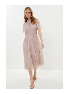 Buy Wrap Waist Detail Tulle Midi Dress in UAE