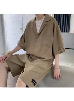 اشتري 1 x 5 pcs Mens Stylish Casual Suit Short Sleeve Shirt Shorts Set Khaki في السعودية