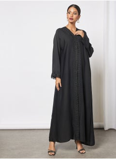 Buy Jersey Abaya With Contrasting Panel And Front Embroidery in Saudi Arabia