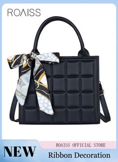 Buy SolidGeo Embossed Ribbon Decoration Square Bag Womens Minimalist Textured Satchel Bag Stitch Detail Top Zip Closure Handbag Messenger Bag Black in Saudi Arabia