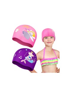 اشتري 2 Pcs Kids Swimming Cap Silicone Waterproof Swim Cap Comfortable Swimming Hat for Long and Short Hair Age 5-14 Kids Children Boys Girls Bathing Accessories في السعودية