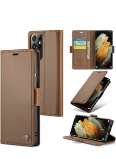 Buy Flip Wallet Case For Samsung Galaxy S21 Ultra, [RFID Blocking] PU Leather Wallet Flip Folio Case with Card Holder Kickstand Shockproof Phone Cover (Brown) in UAE