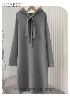 Buy Women's Oversized Loose Dress Casual Stylish Stripe Pattern Long Sleeve Knitted Sweater Hooded Dress in UAE