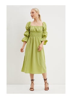 Buy Petite Puff Sleeve Shirred Midi Dress in UAE