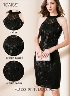 Buy Banquet Party Dress for Women Evening Dresses Halter Neck Sequins Knee-Length Sleeveless Prom Ball Gown Wedding Elegant Slim Formal Dresses Bridesmaid Dress in Saudi Arabia