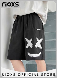 Buy Men's Pluse Size Printed Smile Icon Casual Shorts Teens Straight Loose Leg Knee-high Cotton Shorts for Beach Sports or Daily Wear in UAE