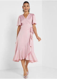 Buy V-Neck Tie Detail Dress in UAE