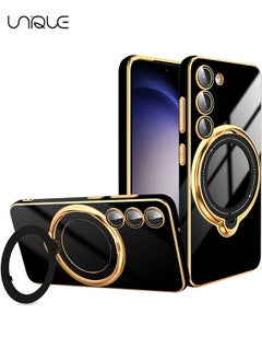 اشتري For Samsung Galaxy S23 Case with Magnetic Ring Holder [Compatible with Magsafe] [Built-in Camera Lens Protector] Glitter Electroplated Gold Sides Shockproof Case for Galaxy S23 Black في السعودية