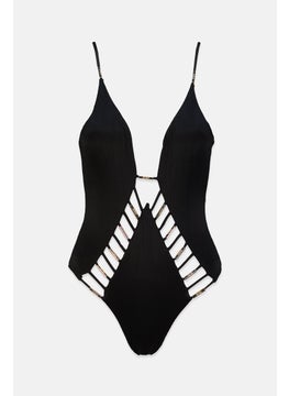 Buy Women Padded Cut Out Textured One Piece Swimsuit, Black in Saudi Arabia