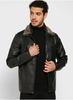 Buy Shearling Collar PU Leather Jacket in UAE