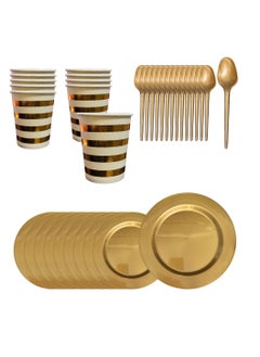 اشتري 35 Pieces Acrylic Plates Plastic Spoons Paper Cups Reusable Plates Dinner Plates Spoons Cups Birthday Plates Event Supplies (Gold) في مصر