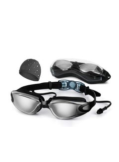 Buy Swimming Goggles Anti-Fog UV Wide Clear Adult Swimming Goggles Suitable For Men Ladies Silver Plated Ear Plugs + Swimming Cap Adjustable Strap in UAE