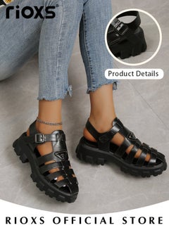 Buy Women's Hollow Roman Sandals Platform Closed Round Toe Sandals Summer Comfy Sandals With Buckle in UAE