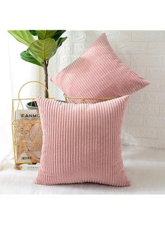 اشتري Pack of 2, Corduroy Soft Decorative Square Throw Pillow Cover Cushion Covers Pillowcase, Home Decor Decorations for Sofa Couch Bed Chair 26x26 Inch/65x65 cm (Striped Peach Pink) في الامارات