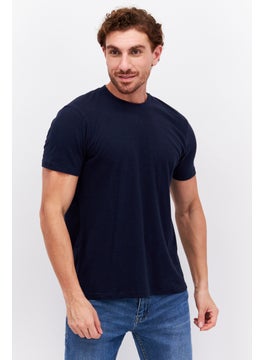 Buy Men Regular Fit Crew Neck Short Sleeves Textured T-Shirt, Navy Blue in UAE