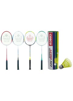 Buy Mega Badminton Set Of Four Badminton Racquets In Red Blue Green And Yellow Colours With Two Racket Covers And Six Shuttlecocks in UAE