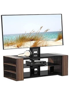 Buy Height Adjustable 3-Tier Tempered Glass Steel TV Mount Stand with Exterior Additional Shelves in Wooden Frame, Oak Brown, 120H x 120W x 40D cm in UAE