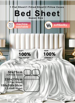 Buy 4 Piece Queen Sheet & Pillowcase Sets Full Bedding Set 1 Flat Sheet 1 Fitted Sheet  2 Pillow Cases (50*75) Silky Satin white, Solid Color Soft Comfortable Breathable Bedding Mattress Protector Set For Bedroom and Guest Room in Saudi Arabia