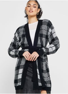 Buy Checkered Print Cardigan With Tie Detail in Saudi Arabia