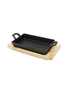 Buy 20 cm *12.5 cm Rectangular Cast Iron Skillet With Side Handles And Wooden Base | Roasting Pan For Cooking And Grilling Oven Safe Cast Iron in Saudi Arabia