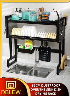 اشتري Double Layer 2 Tier Over The Sink Dish Drying Stand Drainer Organizer Storage Rack With Dustproof Door Kitchen Countertop Cutlery Storage Organizer Utensil Plate Holder Drain Bracket Shelf 85cm في الامارات