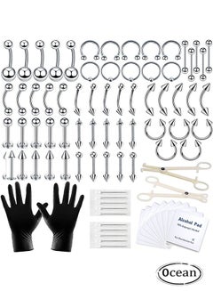 Buy Piercing Kit 14G, 84Pcs 16G Nose Septum Rings Piercing Jewelry for Ear Lip Belly Button Tongue Tragus Cartilage Body Piercing Tools Kit with Piercing Needle Silver in Saudi Arabia