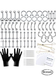 اشتري Piercing Kit 14G, 84Pcs 16G Nose Septum Rings Piercing Jewelry for Ear Lip Belly Button Tongue Tragus Cartilage Body Piercing Tools Kit with Piercing Needle Silver في السعودية