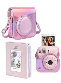 Buy Case for Fujifilm Instax Mini 12 Camera Protective PU Leather Bag Cover with Adjustable Shoulder Strap and Mini Photo Album 64 Pockets (Shiny Pink) in Saudi Arabia