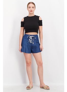 اشتري Women Textured Lace Up Detail Shorts, Indigo في الامارات