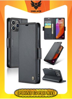 Buy Flip Wallet Case For Apple iPhone 15 Pro Max, [RFID Blocking] PU Leather Wallet Flip Folio Case with Card Holder Kickstand Shockproof Phone Cover (Black) in UAE