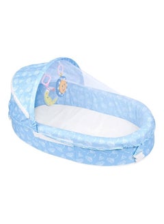 Buy Portable Cozy Folding Baby Bed with Light Weight Portable Mosquito Net Roof with Soothing Sounds Blue in Saudi Arabia
