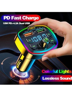 Buy Q7 Car Bluetooth 5.0 Charger FM Transmitter PD Dual USB 4.8A Colorful Ambient Light MP3 Music Player in Saudi Arabia