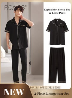 Buy 2-Piece Pajama Set Men's Cotton Short Sleeved T-Shirt Long Pants Sets Solid Color Sleepwear Nightgown Male Loose Spring Summer Thin Loungewear Home Clothes in UAE