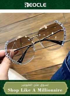 Buy Trendy Rimless Women's Sunglasses with Diamond-encrusted Polygonal Sunglasses Brown Gradient Color Glasses Make Your Face Smaller in Saudi Arabia