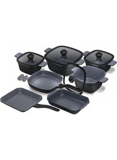 Buy Die-Cast Granite 15 Pieces Set Cube Pot +-Tajin Cube Granite + Grill + Fry Pan + 4 Silicone Grip 20-22-24-28/Tajin 34/Grill 26/Frypan 26 cm in Egypt